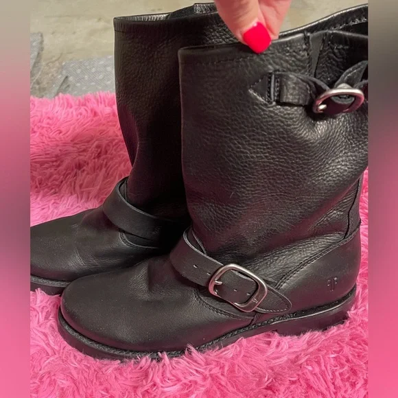 Frye Black Leather Moto Buckle Boots - Picture 1 of 4